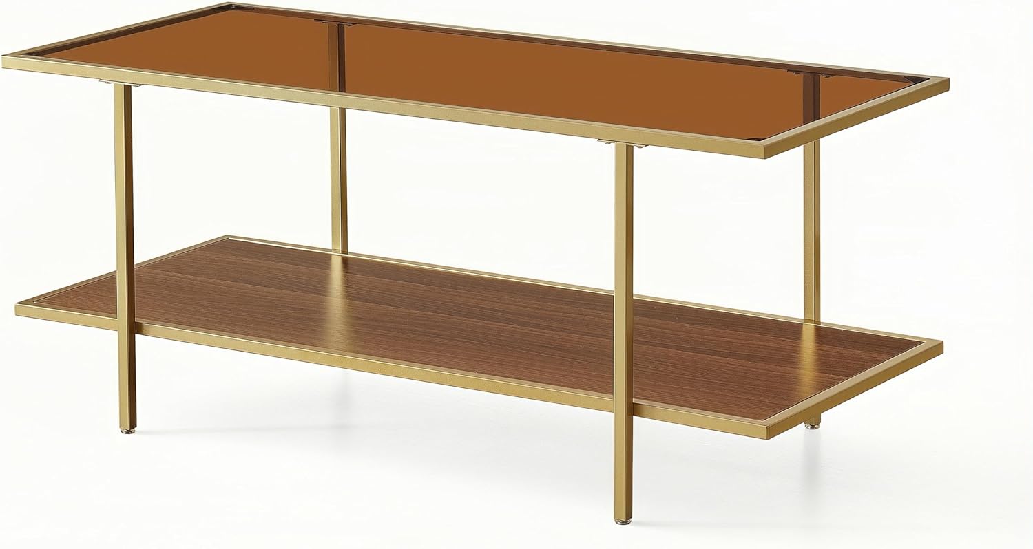 Modern Rectangle Glass Coffee Table with Amber Glass Top, Rectangle Glass Table for Living Room, L41''×W19''×H18'', Gold Table Legs Structure & Amber Glass Top