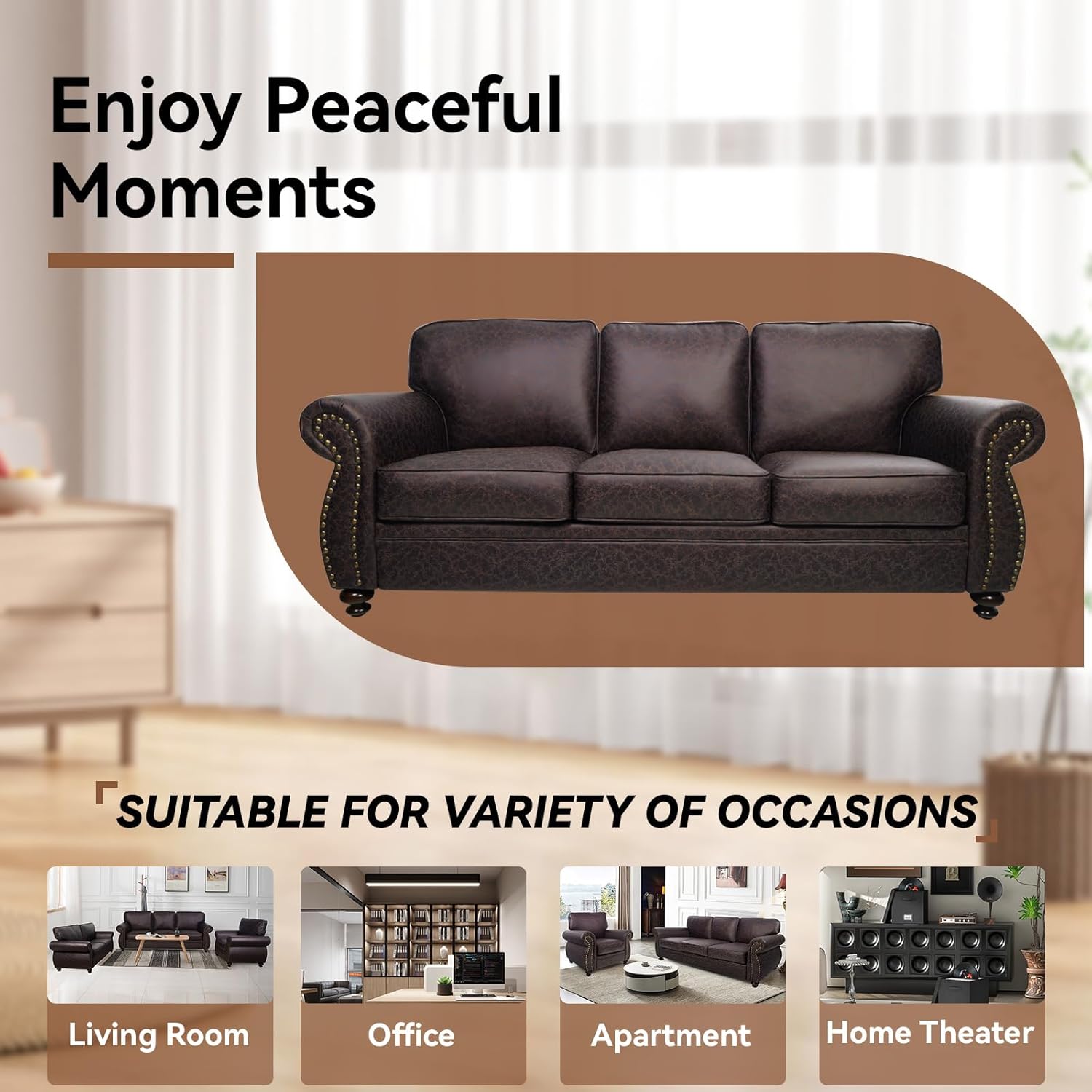 Rivet Couch,Living Room Sets,Mid-Century Couch, Solid Wooden Frame for Living Room,Vintage Couches (Brown, Loveseat+3 Seater)