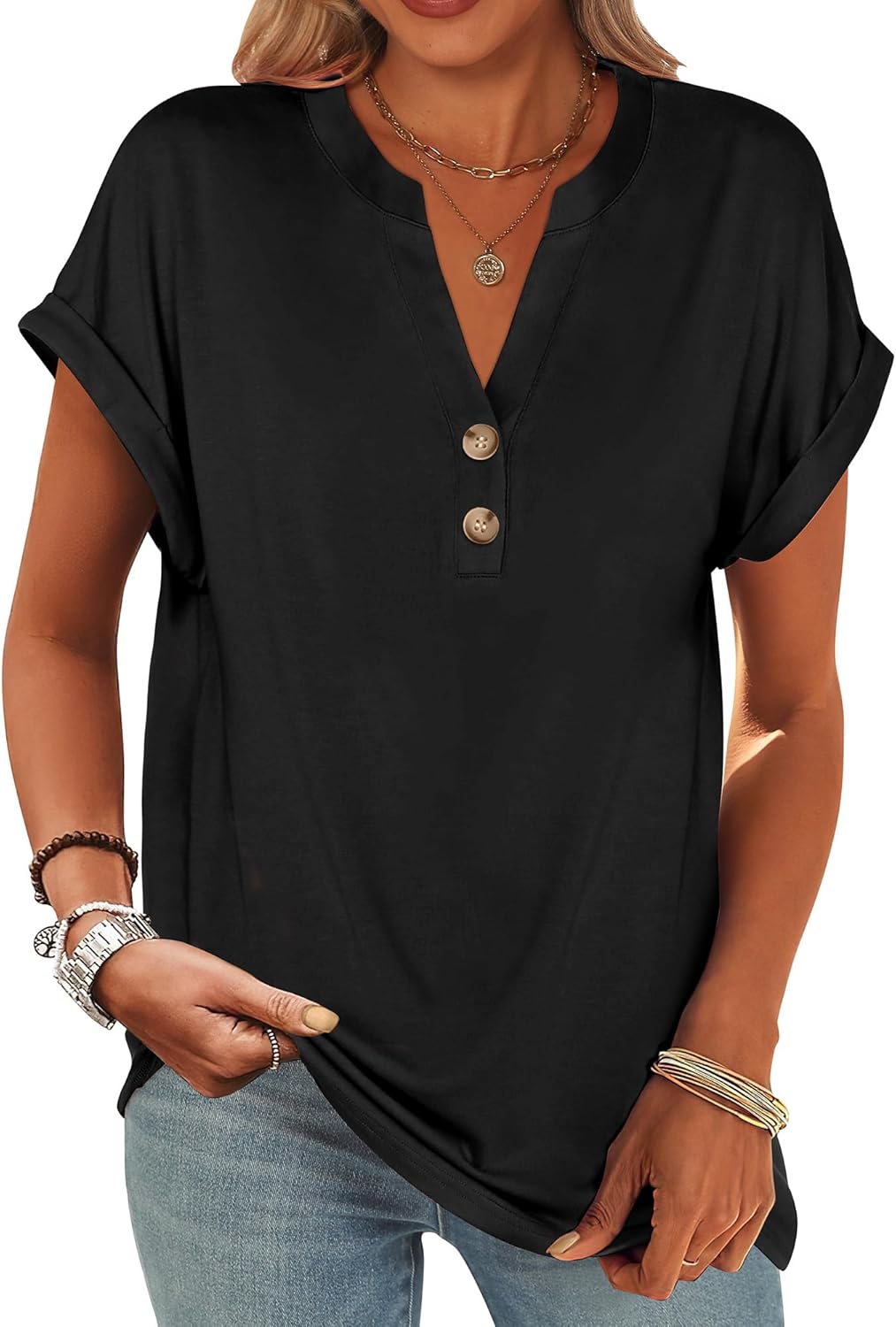 ANRABESS Womens Short Sleeve Henley Tops V Neck Dressy Casual Loose Fit Shirts Summer Flowy Blouses 2025 Trendy Clothes