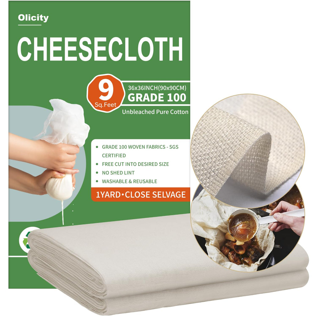 Olicity Cheese Cloths, Grade 90, 27 Sq Feet, Reusable Cheese Cloth with Closed Edges Unbleached Cotton Cheesecloth for Straining, Fine Mesh Fabric Muslin Cloth for Cooking, Rice,Sushi,Crafts - 3 Yards