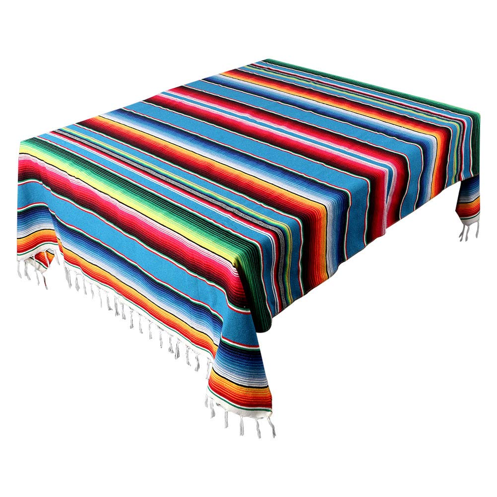 AerWo Mexican Tablecloth 60 x 85, Mexican Serape Blanket with Tassels for Fiesta Party Cinco De Mayo Decorations, Rectangle Woven Stripe Tablecloth, Outdoor Picnic Blankets Dining Table Cover
