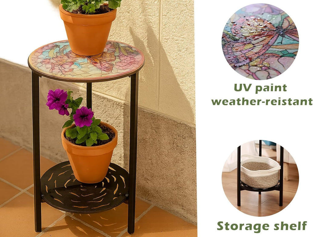 2-Tier Metal Round Side Table Black Accent Coffee Tables Small Space Corner Plant Stand Shelf for Indoor Outdoor Use Patio Balcony End Table Butterfly Print Weather-Resistant