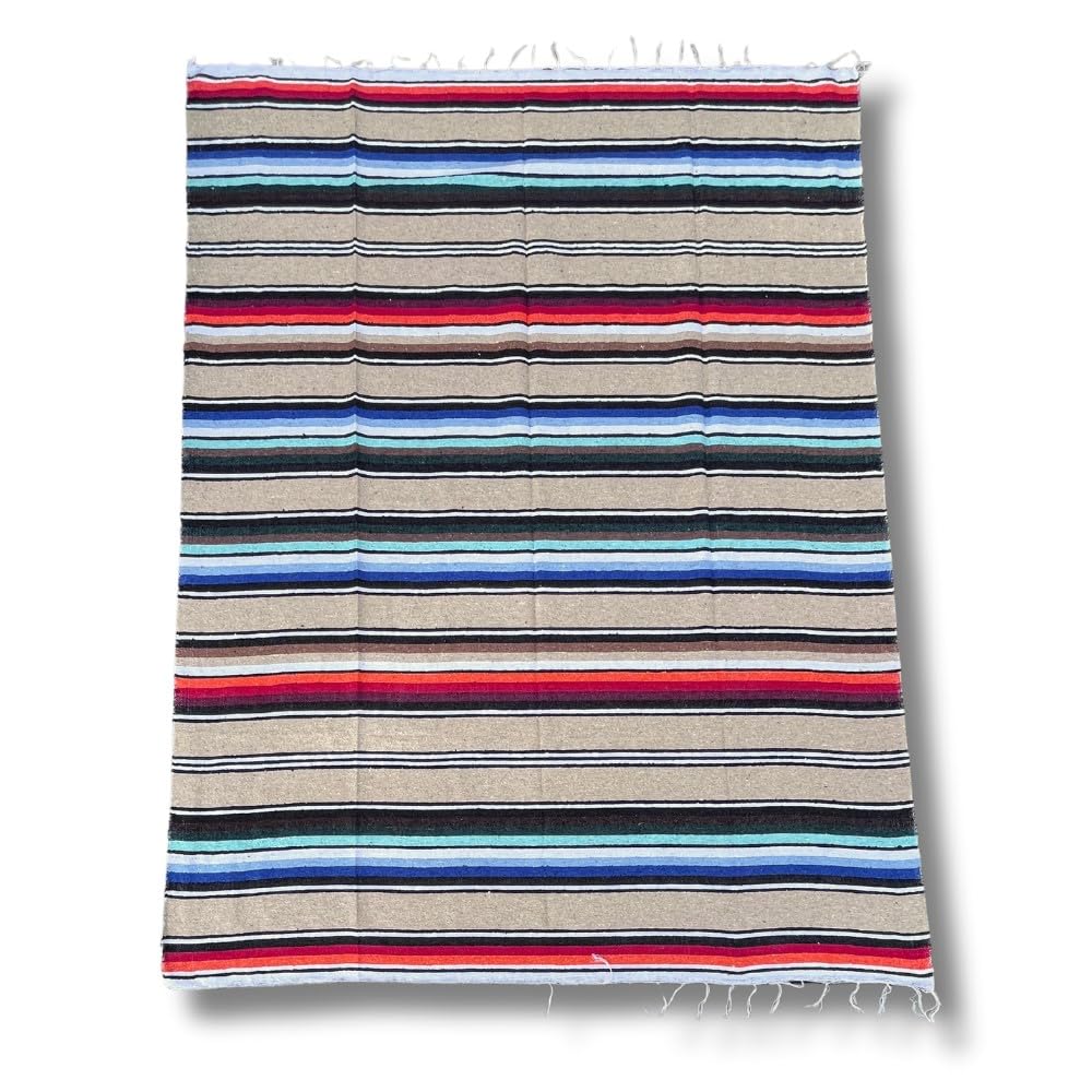 Open Road Goods Authentic Mexican Serape Blanket – 100% Cotton Falsa Blanket - Multi-Color Handmade Mexican Beach Throw (Tan/Beige)