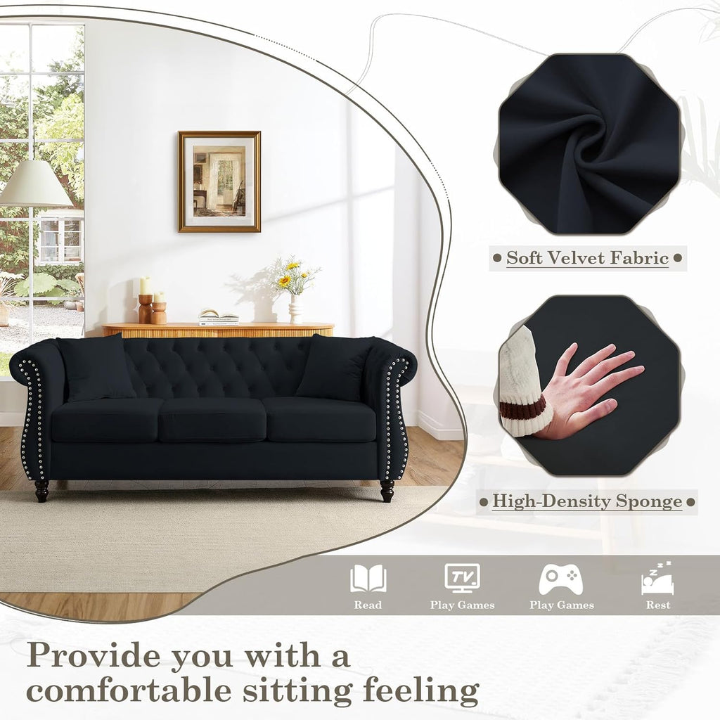 Chesterfield Sofa Couch,80" Button Tufted Velvet Sofa with Rolled Arms&Nailhead Trim,Comfy 3 Seater Sofa,Oversize Mid Century Modern Couch for Living Room,Bedroom,Apartment,Office(Black)