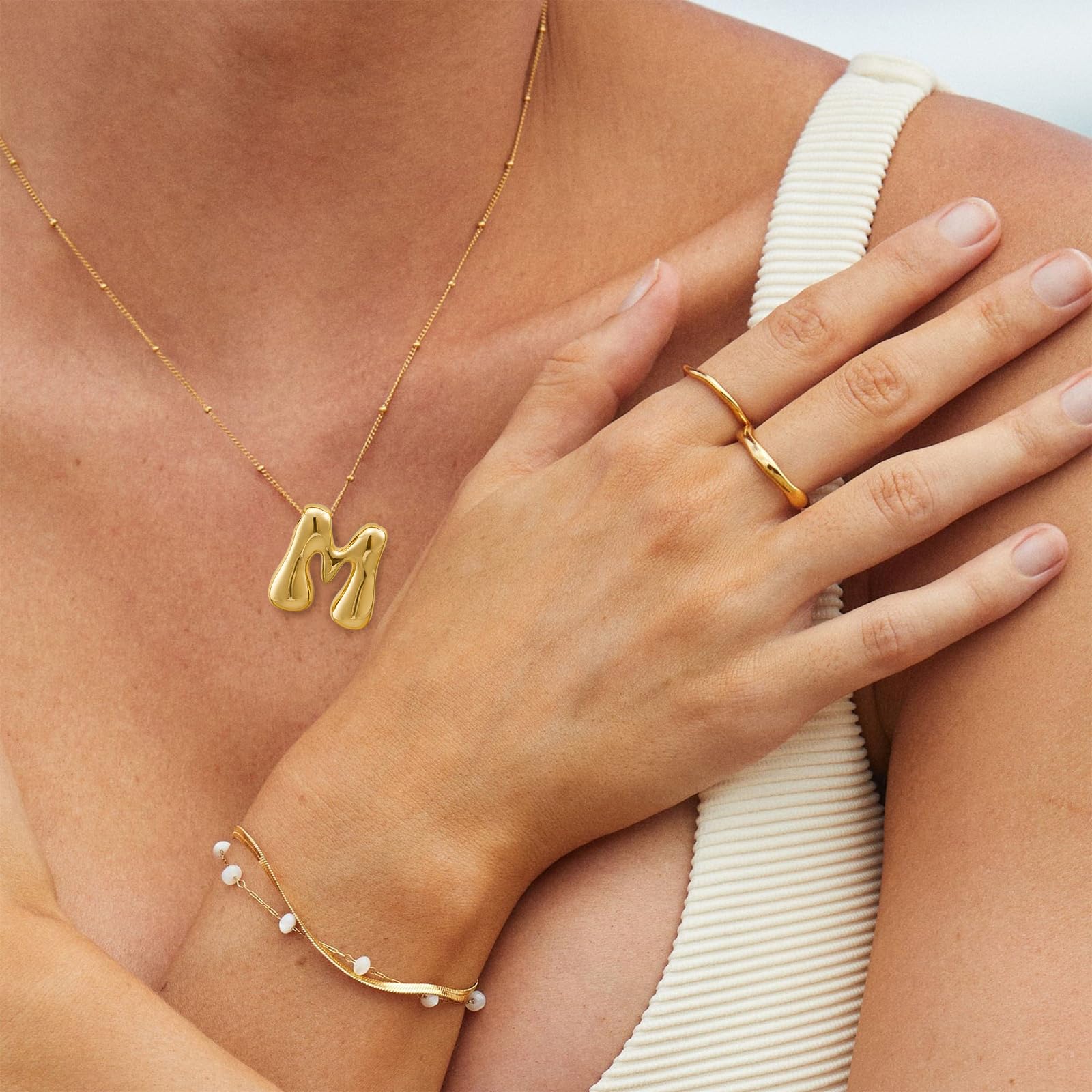 Bheop Gold Bubble Letter Necklace for Women Dainty 14K Gold Plated Balloon Initial Necklaces for Women Trendy Cute Chunky Charm Name Pendant M Necklace Fashion Jewelry Gifts