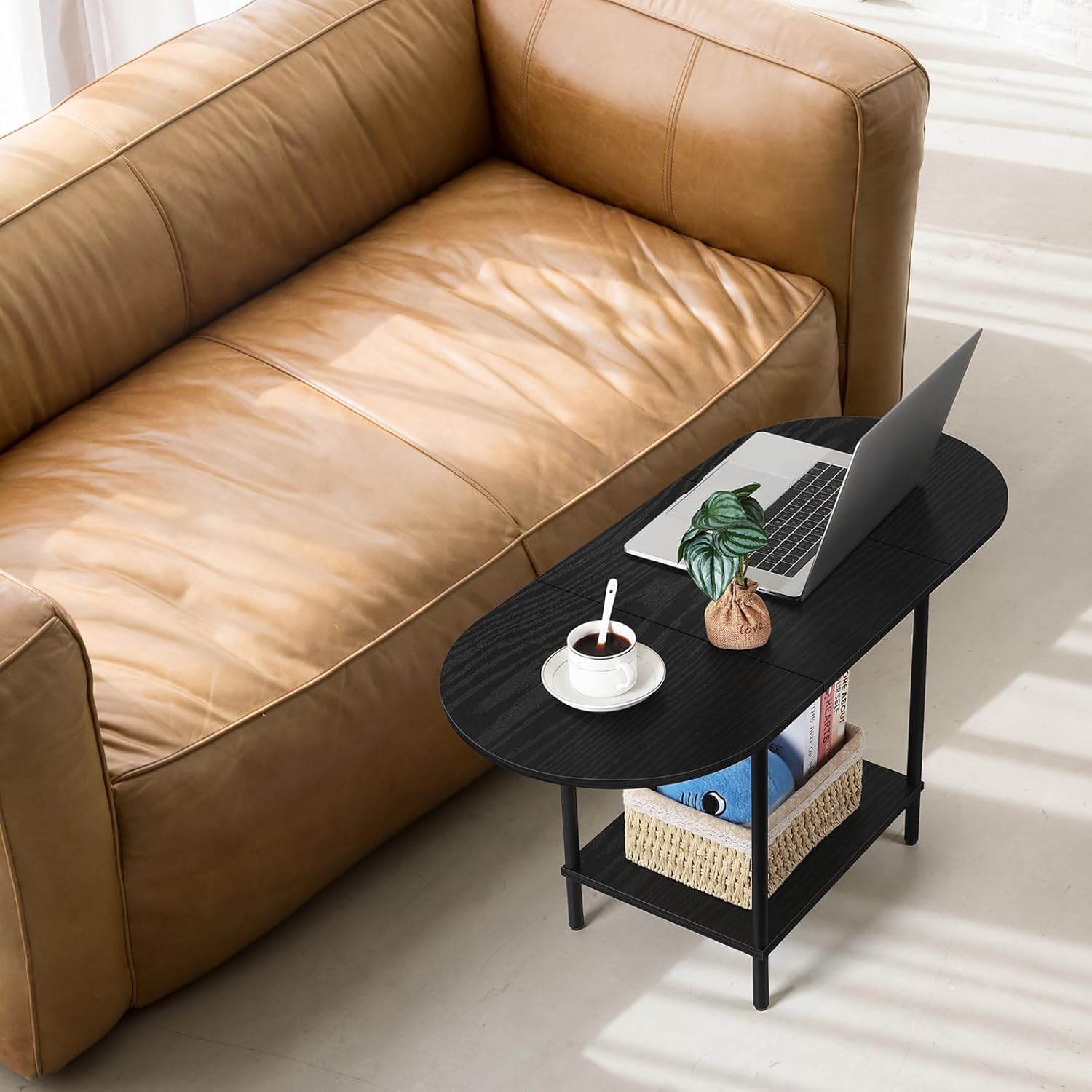 OYEAL Black Coffee Table for Living Room, 2-Tier Small Oval Center Table, Mid Century Farmhouse Round Tea Table with Storage Shelf for Small Space, Home Office, Living Room