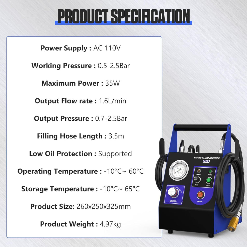 BELEY Brake Bleeder Kit 110V Brake Fluid Bleeder Machine Kit Adjustable 0.7-2.5 Bar Pressure & Flow Microcontroller System for Single User Includes 52MM Master Cylinder Adapter & Oil Bottle