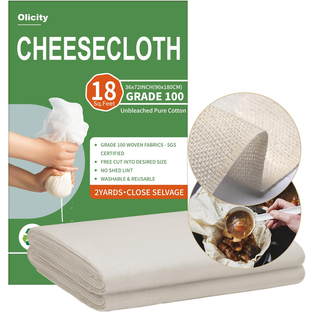 Olicity Cheese Cloths, Grade 90, 27 Sq Feet, Reusable Cheese Cloth with Closed Edges Unbleached Cotton Cheesecloth for Straining, Fine Mesh Fabric Muslin Cloth for Cooking, Rice,Sushi,Crafts - 3 Yards
