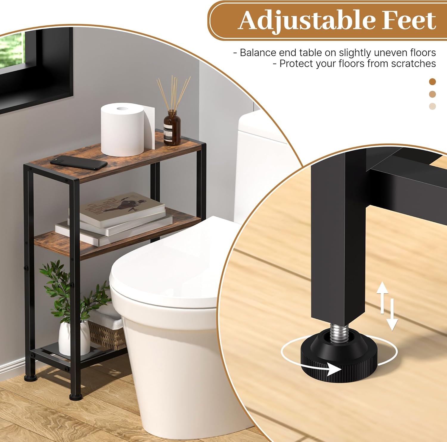 Narrow Side Table for Small Space, 2-Tier Small End Table with Shelf Holder, Slim Nightstand, Skinny Snack Couch Table in Living Room, Bedroom, Study, Kitchen and Balcony (Rustic Brown &Black)