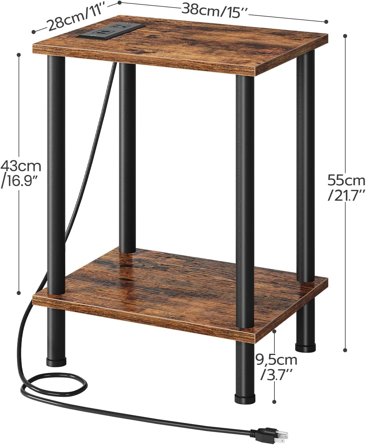 HOOBRO Side Table with Charging Station, End Table with USB Ports and Outlet, Nightstand with 2-Layer Storage Shelves for Small Spaces, Living Room, Bedroom, Stable Frame, Rustic Brown BF09UBZ01