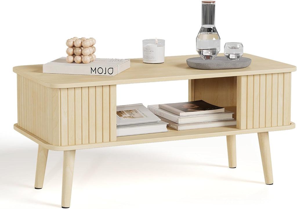 LAZZO Coffee Table with Storage Center Table for Living Room Rectangle Coffee Table with Rounded Edges,Easy Assembly, Natural Wood