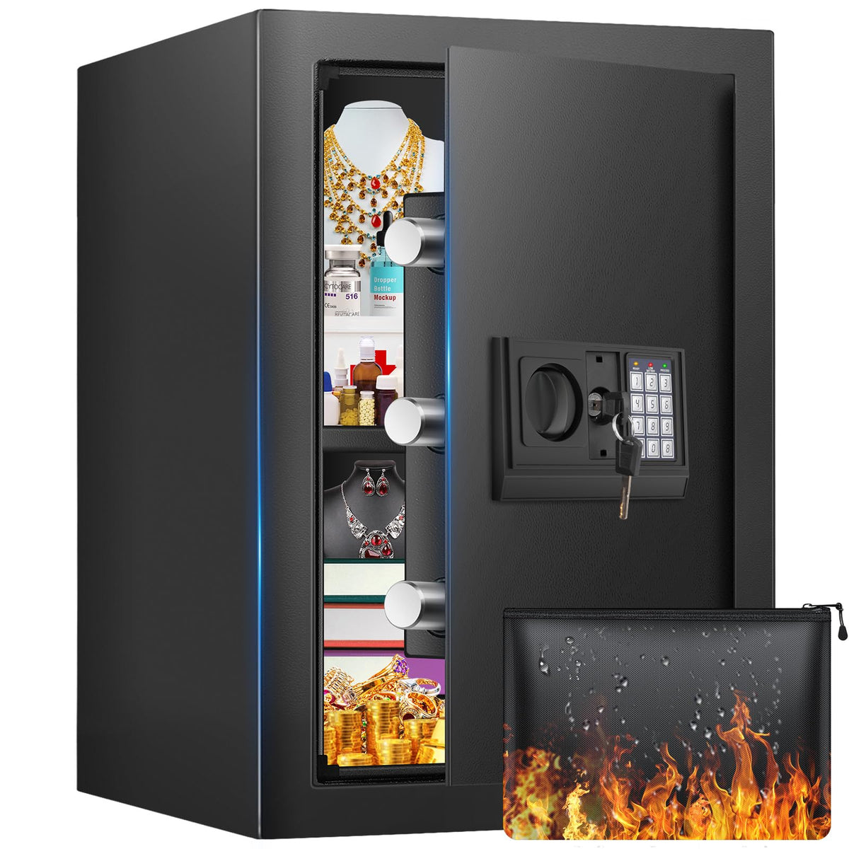 2.5 Cuft brandsikker boks, pengeskab til hjemmet med brandsikker vandtæt taske, tyverisikring digital sikkerhedsboks med smart alarmsystem, aftagelig hylde, mute-funktion, personlig pengeskab til pengesmykker