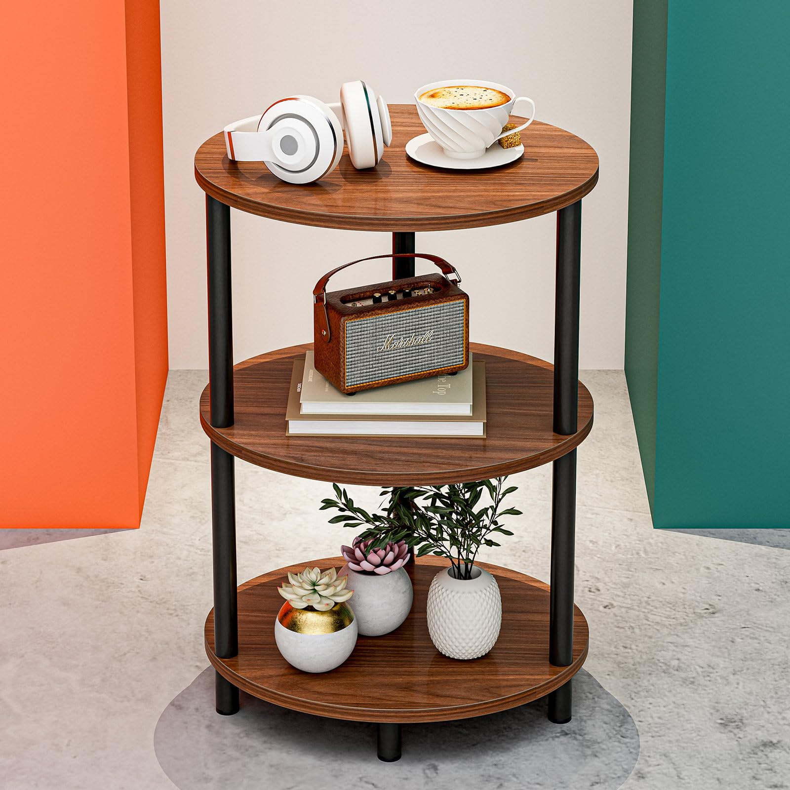 Small Round Side Table - 3-Tier Oval Accent Table for Small Spaces, Rustic Wood and Metal Couch End Table, Nightstand for Bedroom or End Table Living Room, Easy to Assemble, Rustic Brown