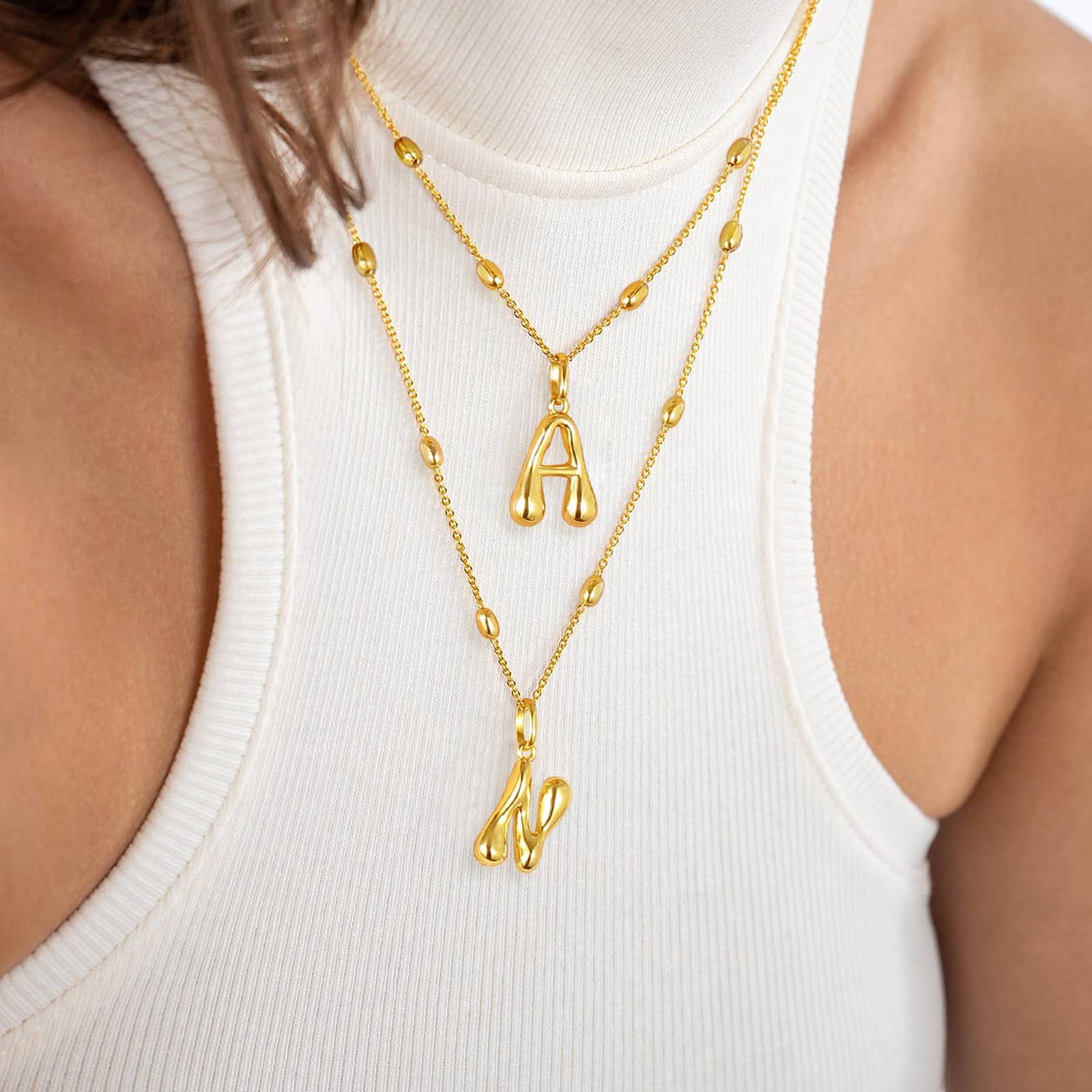 KissYan Bubble Letter Halskette, 14K vergoldet, personalisierter 3D puffiger Ballon-Anhänger mit verstellbarer Perlenkette, zierliches Schmuckgeschenk für Frauen (Gold A)