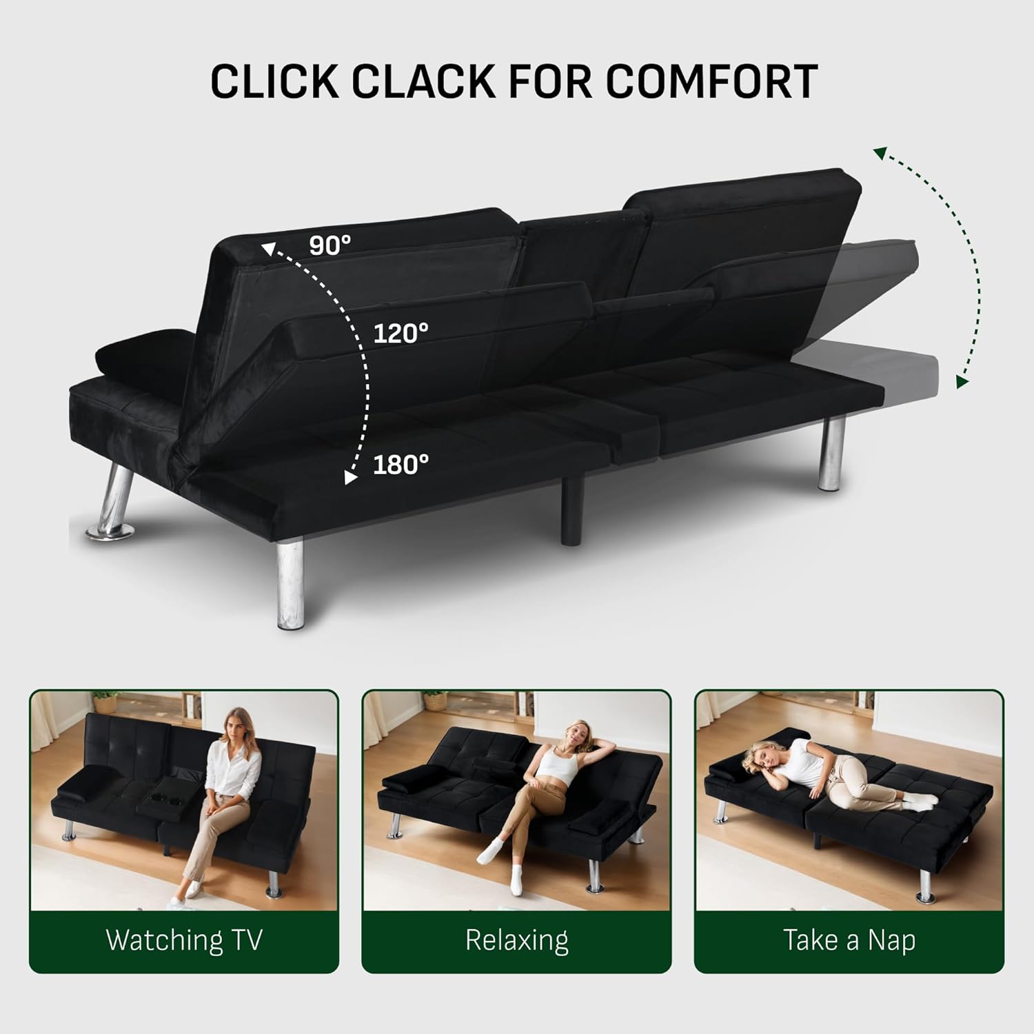 FLEXISPOT XCT3 Futon Sofa Bed with USB & Type-C Charging Port, Convertible Sleeper Couch with Adjustable Backrest, Folding Loveseat for Small Space, Living Room, Guest Room, Apartment (Velvet, Black)