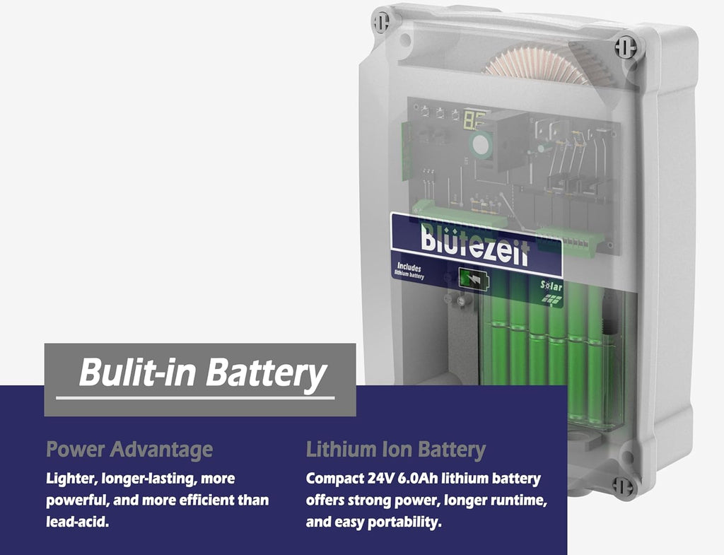 Blütezeit Solar Swing Gate Opener, 880lb Single-Arm Operator with Built-in 24V Lithium Battery & 25W Solar Panel, Integrated Control Box for Easy Install, Smart Auto Setting, 2 Remotes & Complete Kits