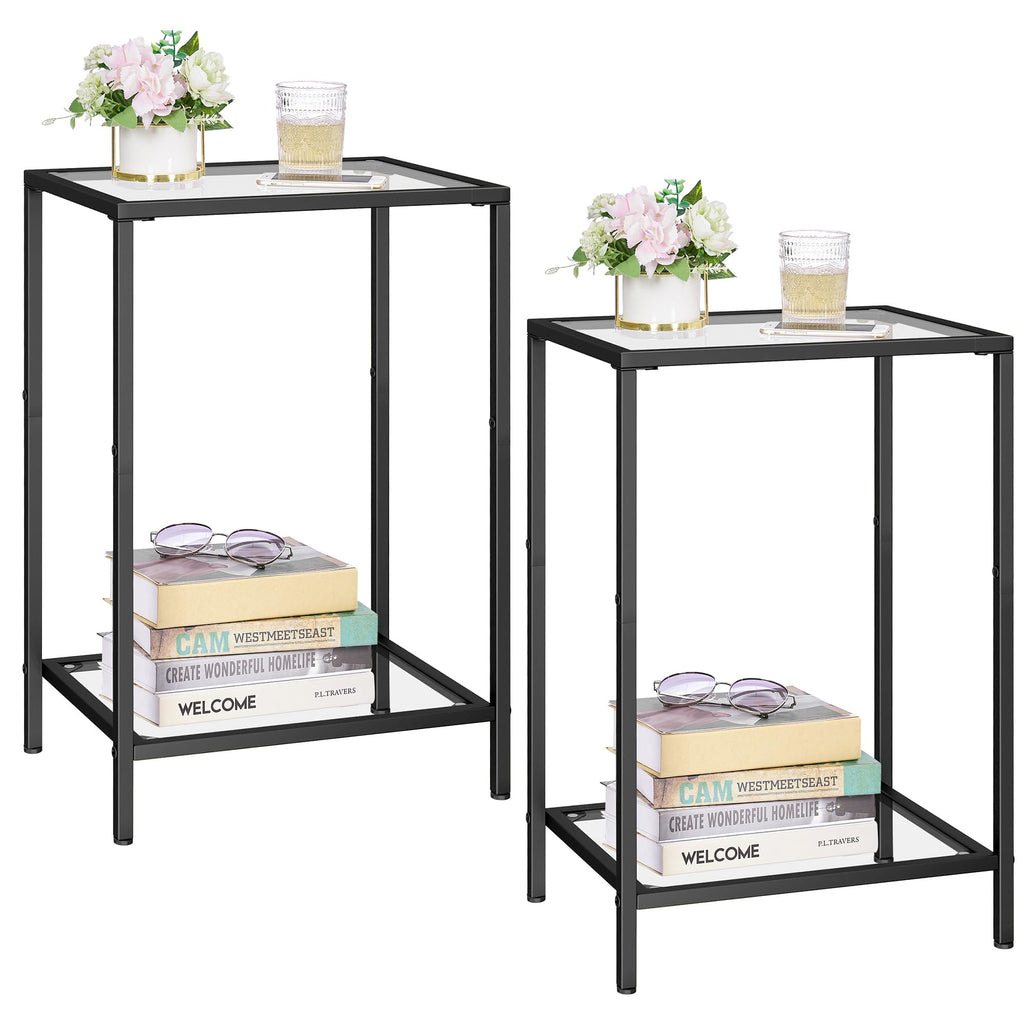 Side Tables Set of 2, End Tables with Tempered Glass, 2-Tier Nightstands with Storage Shelves, Coffee Table with Modern Style, Slim Sofa Table for Living Room, Bedroom, 11.8" D x 15" W, Golden