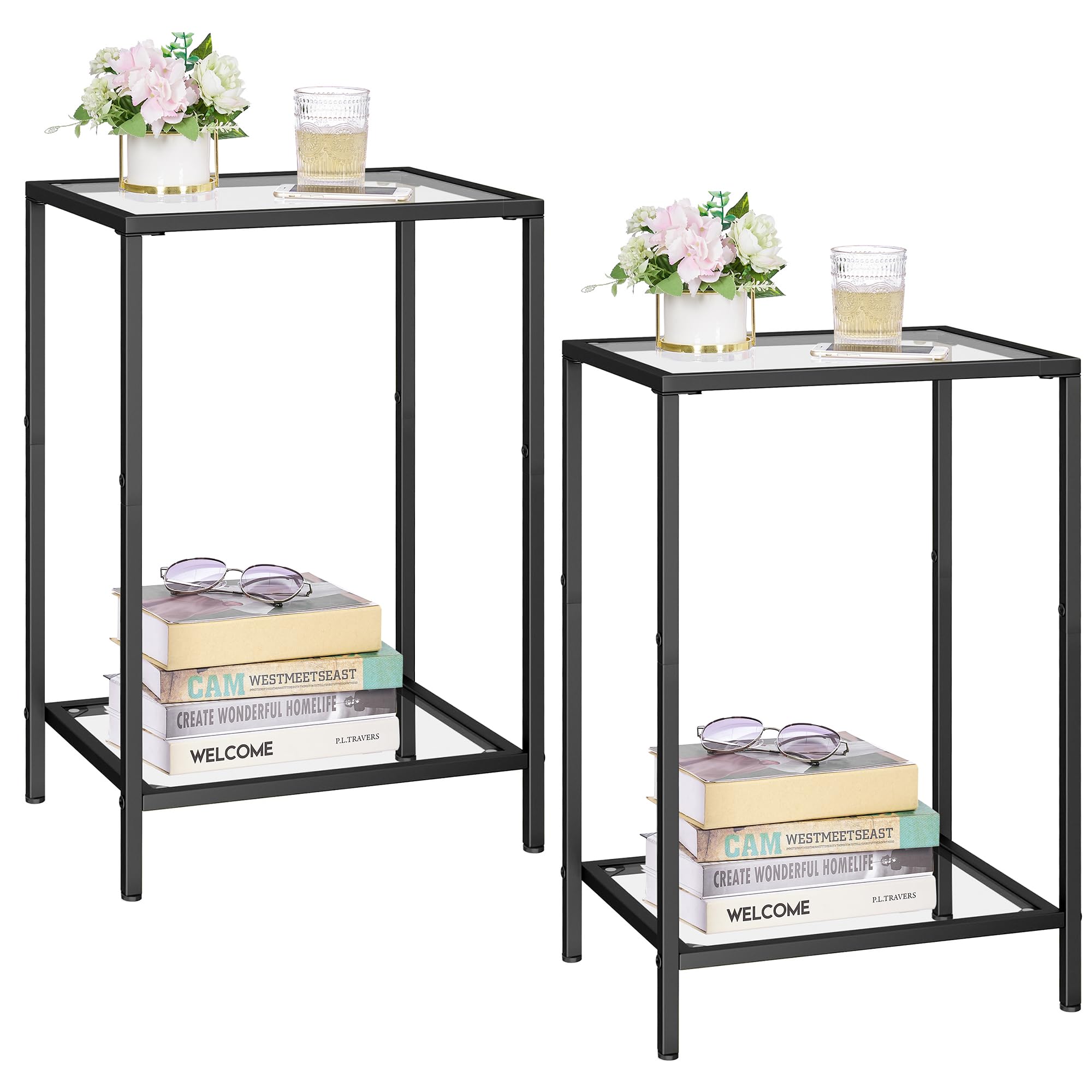 Side Tables Set of 2, End Tables with Tempered Glass, 2-Tier Nightstands with Storage Shelves, Coffee Table with Modern Style, Slim Sofa Table for Living Room, Bedroom, 11.8" D x 15" W, Golden