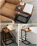 C-Shaped Side Table for Couch - Small Coffee Stand Sofa Tray Desk with Metal Frame and Waterproof Scratch Resistant, Modern End Accent for Living Room, Bedroom, Small Spaces, Rustic Brown