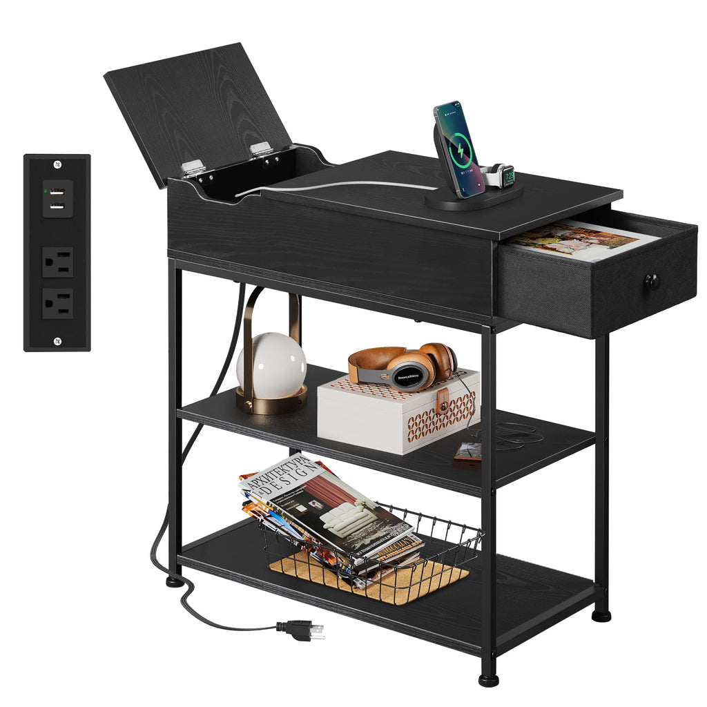 WLIVE Narrow Side Table with Charging Station, End Table for Living Room, Couch Side Table with Fabric Drawer for Bedroon, 11.8‘’W 23.6‘’L 24‘’H, Rustic Brown