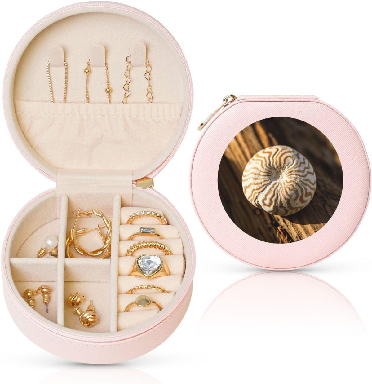 Petoskey Stone Print Round Leather Jewelry Box,Portable Mini Jewelry Home or Travel Storage Box,Used to Store Rings,Earrings,Necklaces,and Bracelets