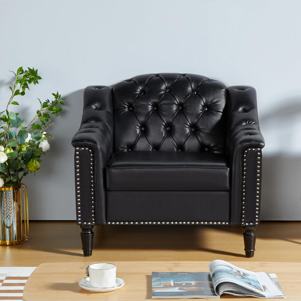 AVZEAR 82" Three Seater Leather Sofa, Chesterfield Sofa, Mid-Century Modern PU Upholstered Sofa Couch, Deep Button Tufted Living Room Sofa with Two Throw Pillows, Black