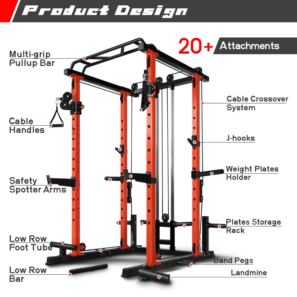 RitFit Squat Rack Power Cage Home Gym Package, Includes 1000LBS Power Rack with Cable Crossover System, Weight Bench, Weight Plate Set with Olympic Barbell (Package 1.6K (Bumper Plate 230LBS))-Orange