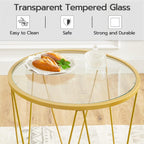 HOOBRO Small Coffee Table Set of 2, Round Coffee End Table with Metal Frame, Glass Top, Gold Side Table for Living Room, Bedroom and Balcony, Modern Style, Gold GD79BZ01