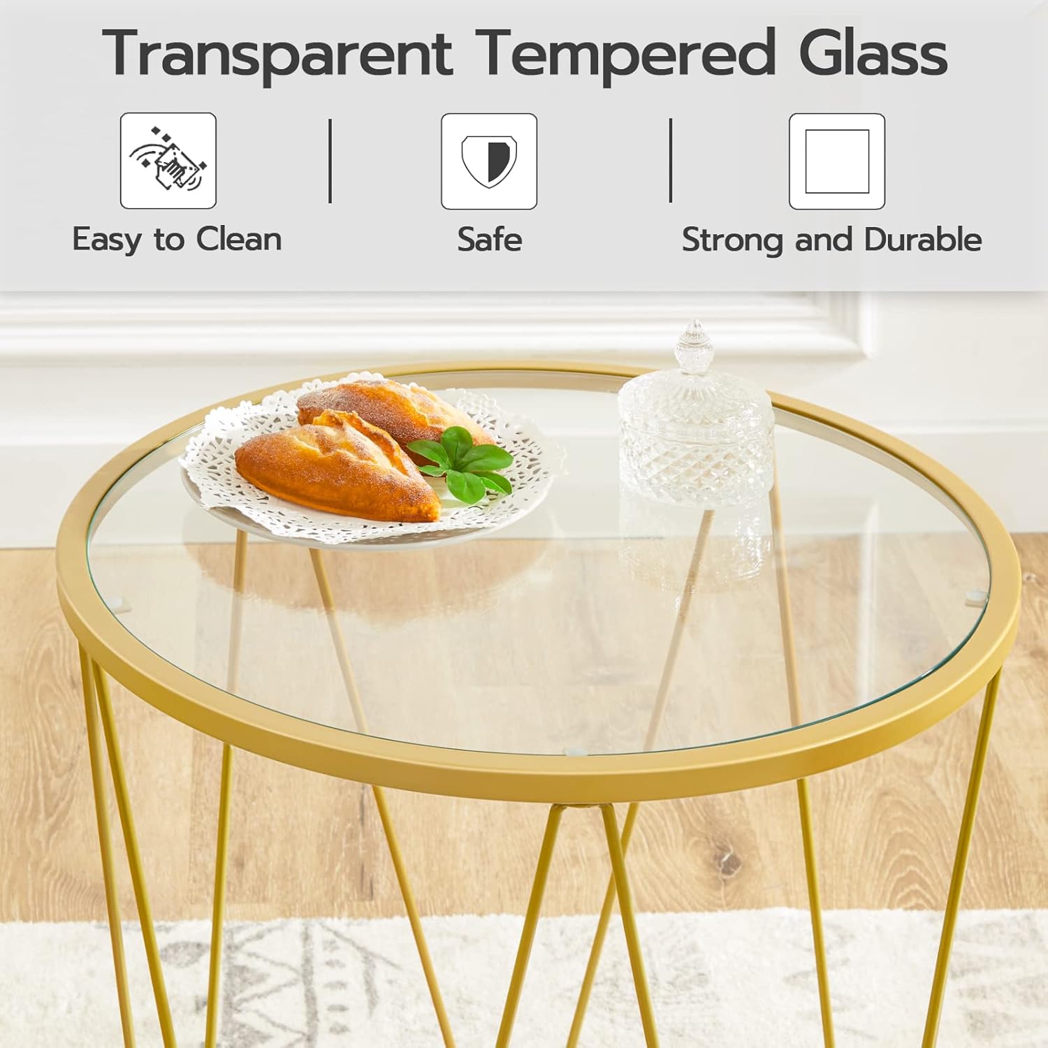 HOOBRO Small Coffee Table Set of 2, Round Coffee End Table with Metal Frame, Glass Top, Gold Side Table for Living Room, Bedroom and Balcony, Modern Style, Gold GD79BZ01