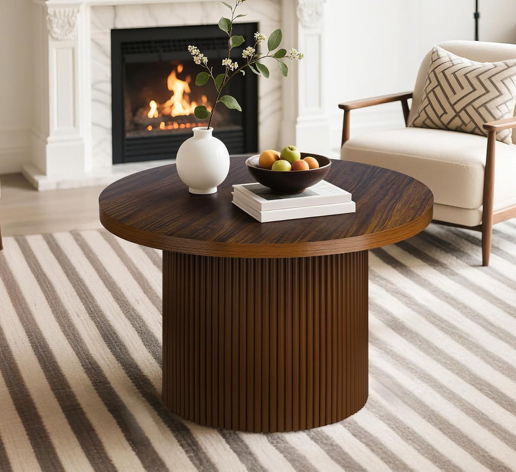 Round 31.5“ Unique Fluted Coffee Table,Small Brown Wood Tea Table,Mid Century Modern Boho Circle Rustic Center Table for Living Room