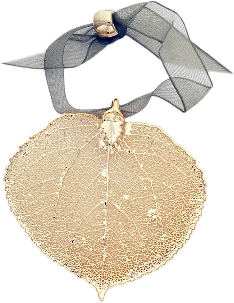 Leaf Ornament, Aspen, 24K Gold Dipped, Real Leaves, 2.5 Inch Length, Assorted Color Adjustable Ribbon Ties