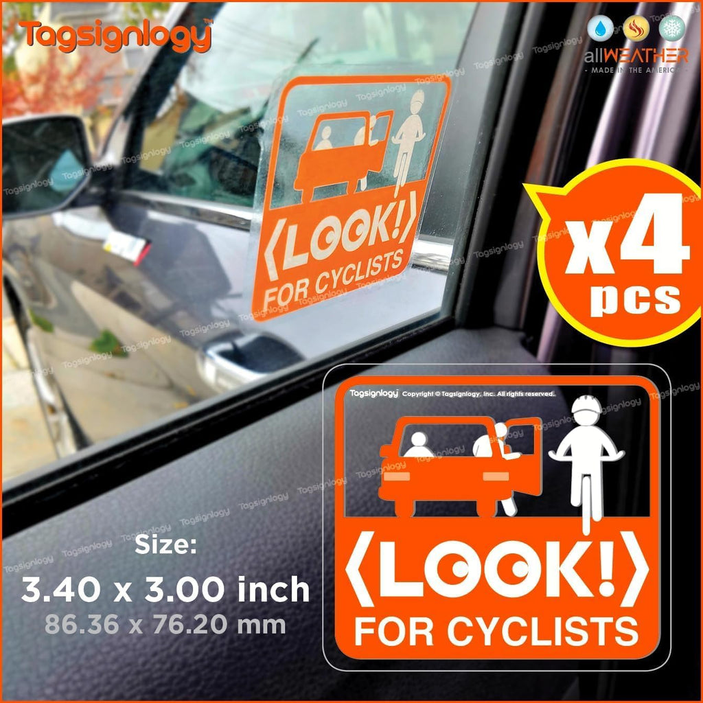 (4 pcs) Look for Cyclists - UV Weatherproof Clear Sticker - for Passenger Bicycle Bike Driver Safety Caution Sign - Taxi Car Open Door Window Cling Transparent Waterproof Vinyl Decals