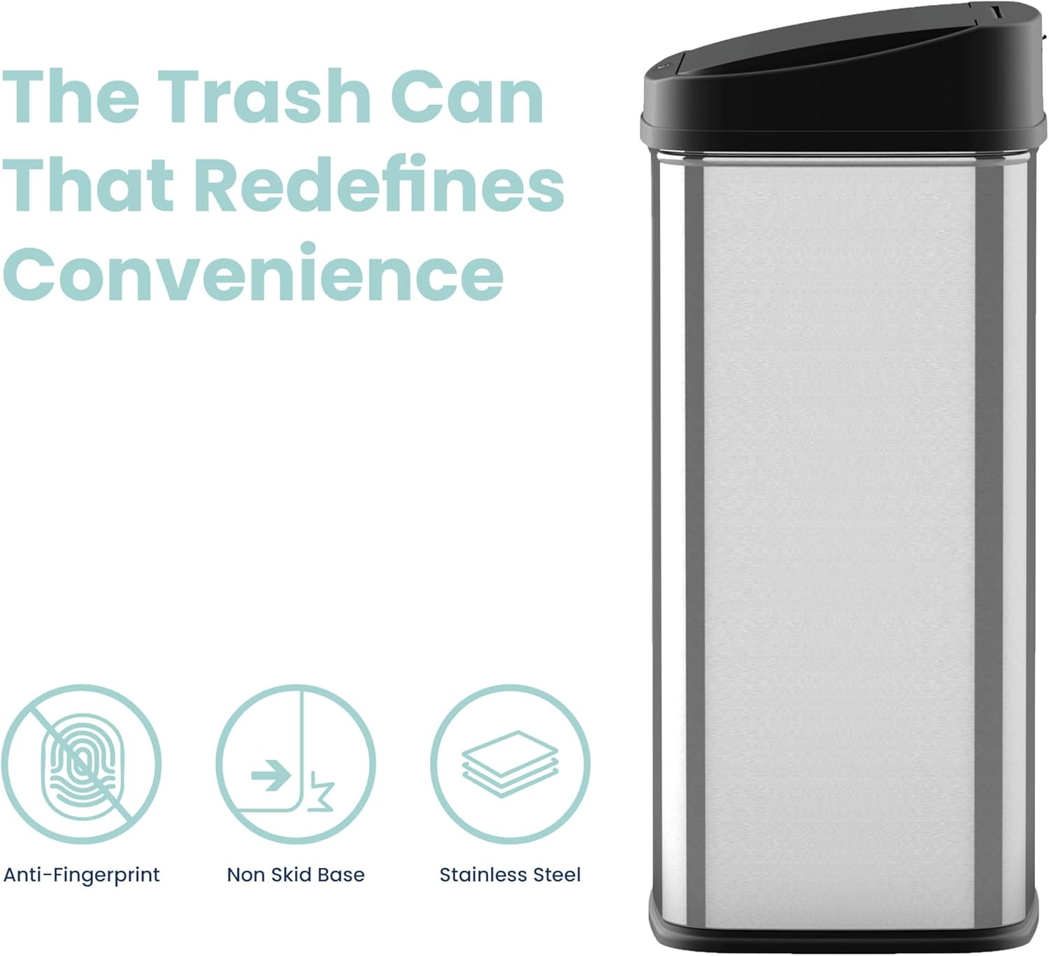 Ninestars Automatic Touchless Infrared Motion Sensor Trash Can, 13 Gal 50L, Stainless Steel Base (Rectangular, Black Lid), Black Trim