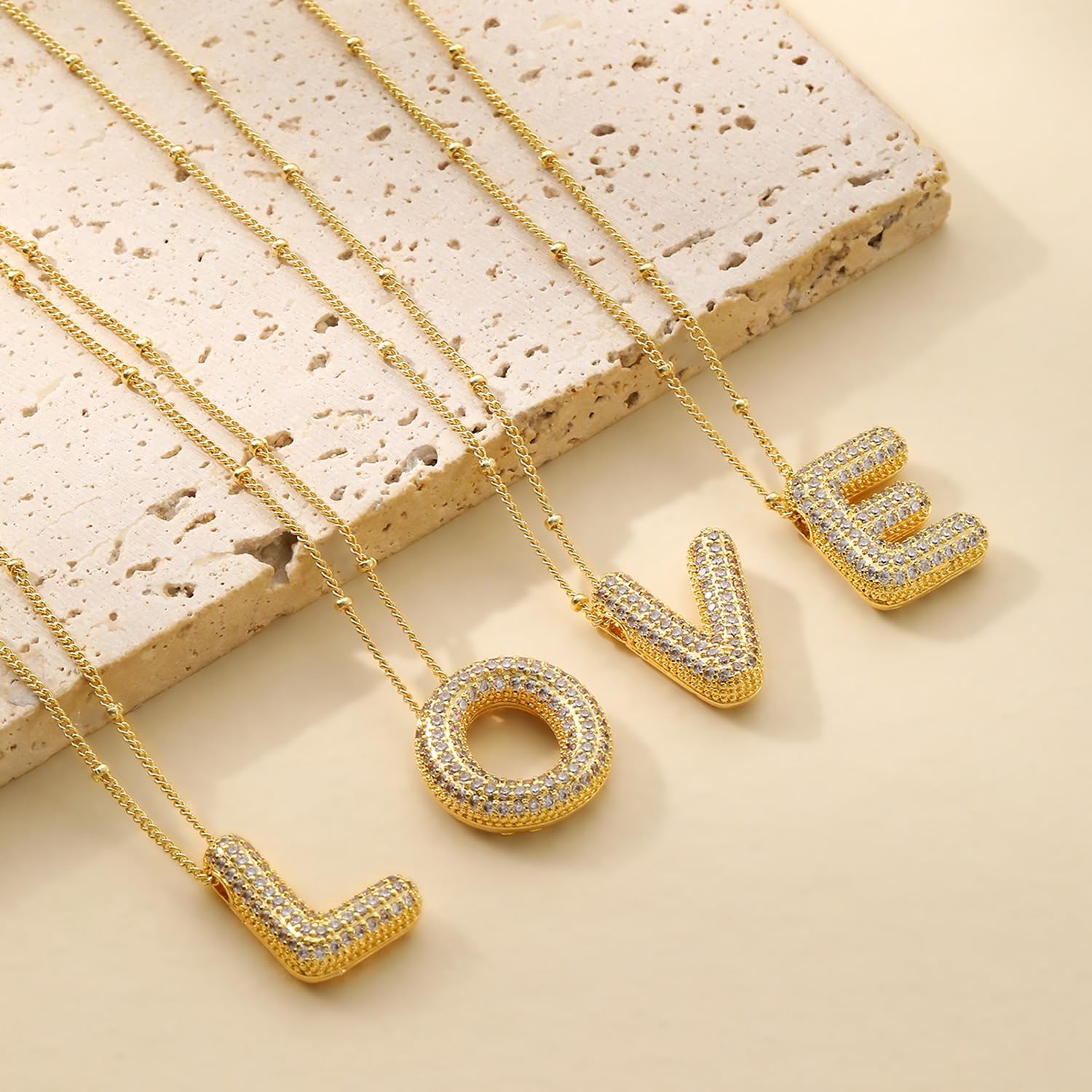 LEXODY Bubble Letter Necklace Gold for Women, Dainty 14K Gold A-Z Diamond Balloon Initial Necklaces Trendy Simple Chunky Cubic Zirconia Alphabet Necklace Waterproof Jewelry for Women Gifts