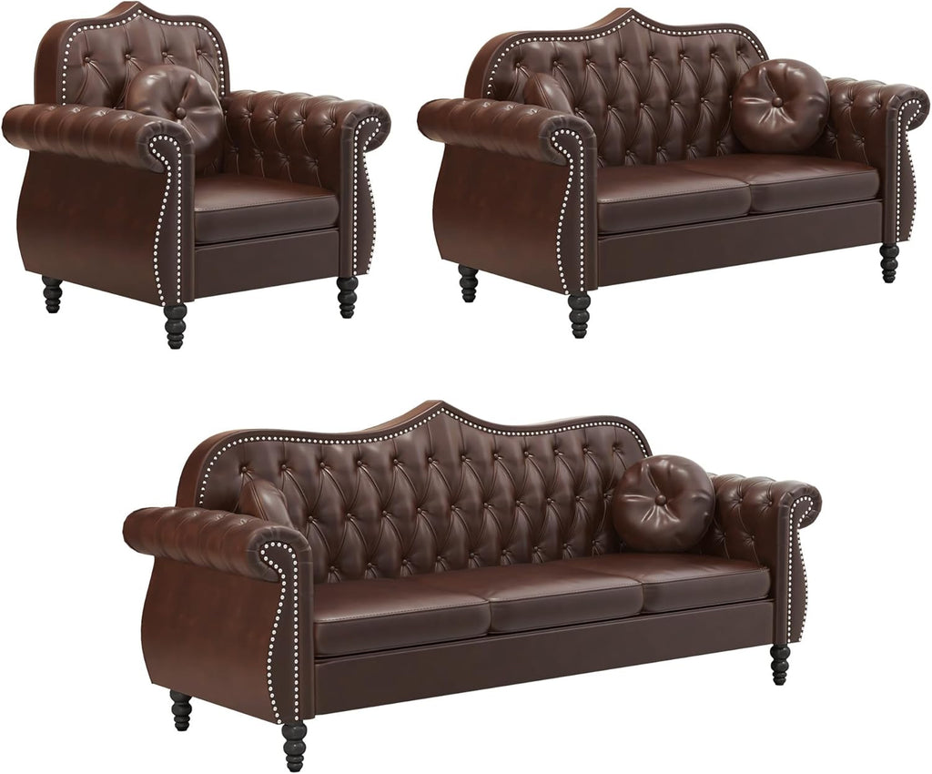 AVZEAR Chesterfield 3-Piece Living Room Sectional Sofa Set, Mid-Century Modern Upholstered PU Couch, Classic Tufted Button Sofa with Nailhead Trim for Living Room, Office (Brown)