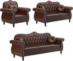 AVZEAR Chesterfield 3-Piece Living Room Sectional Sofa Set, Mid-Century Modern Upholstered PU Couch, Classic Tufted Button Sofa with Nailhead Trim for Living Room, Office (Brown)