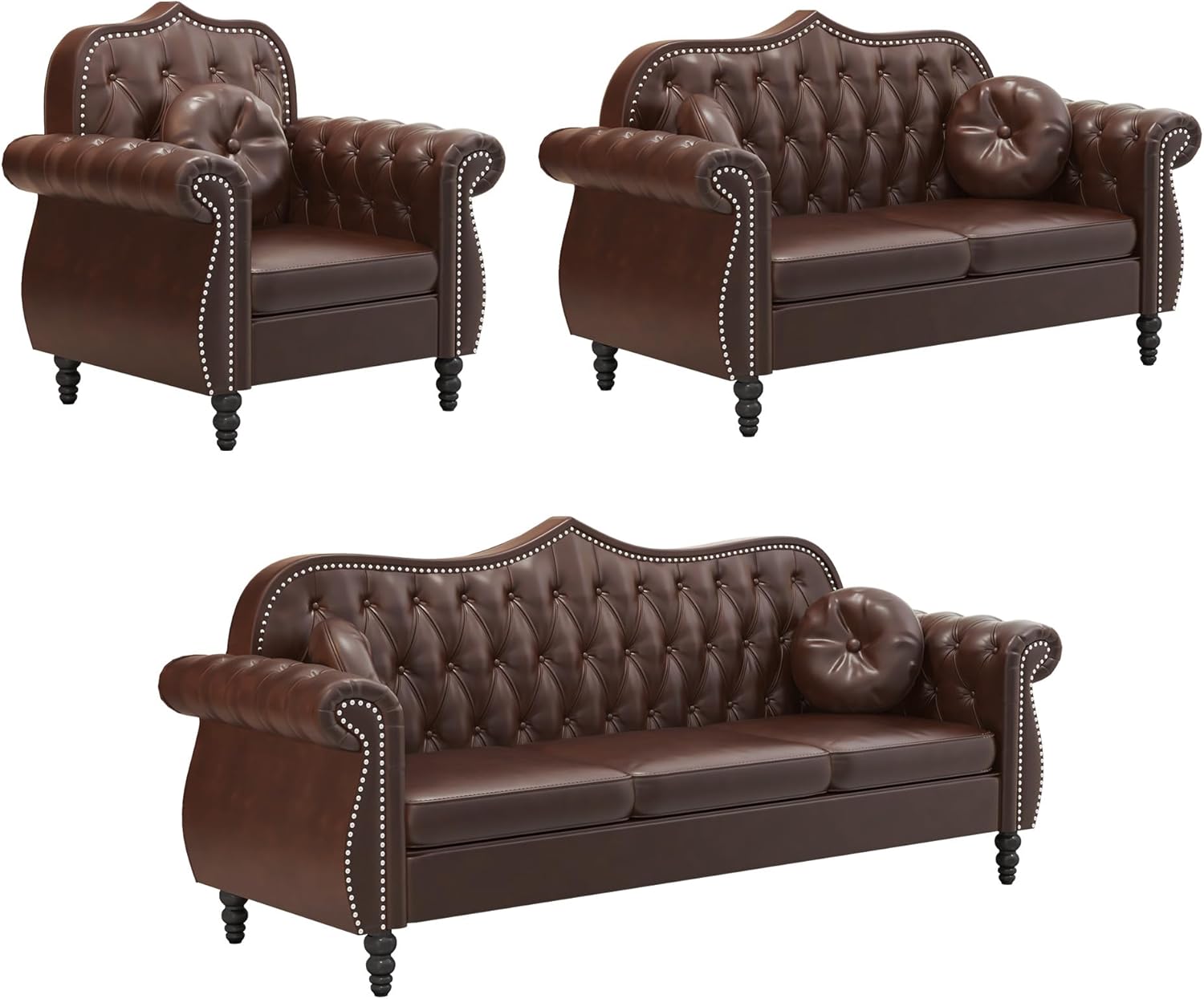 AVZEAR Chesterfield 3-Piece Living Room Sectional Sofa Set, Mid-Century Modern Upholstered PU Couch, Classic Tufted Button Sofa with Nailhead Trim for Living Room, Office (Brown)