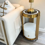 Gold Led Smart Round Nightstand with Drawer,Sofa Narrow End Table with Wireless Charging Station,Small Spaces Coffee Table/Bedside Table/Unique Accent Side Table