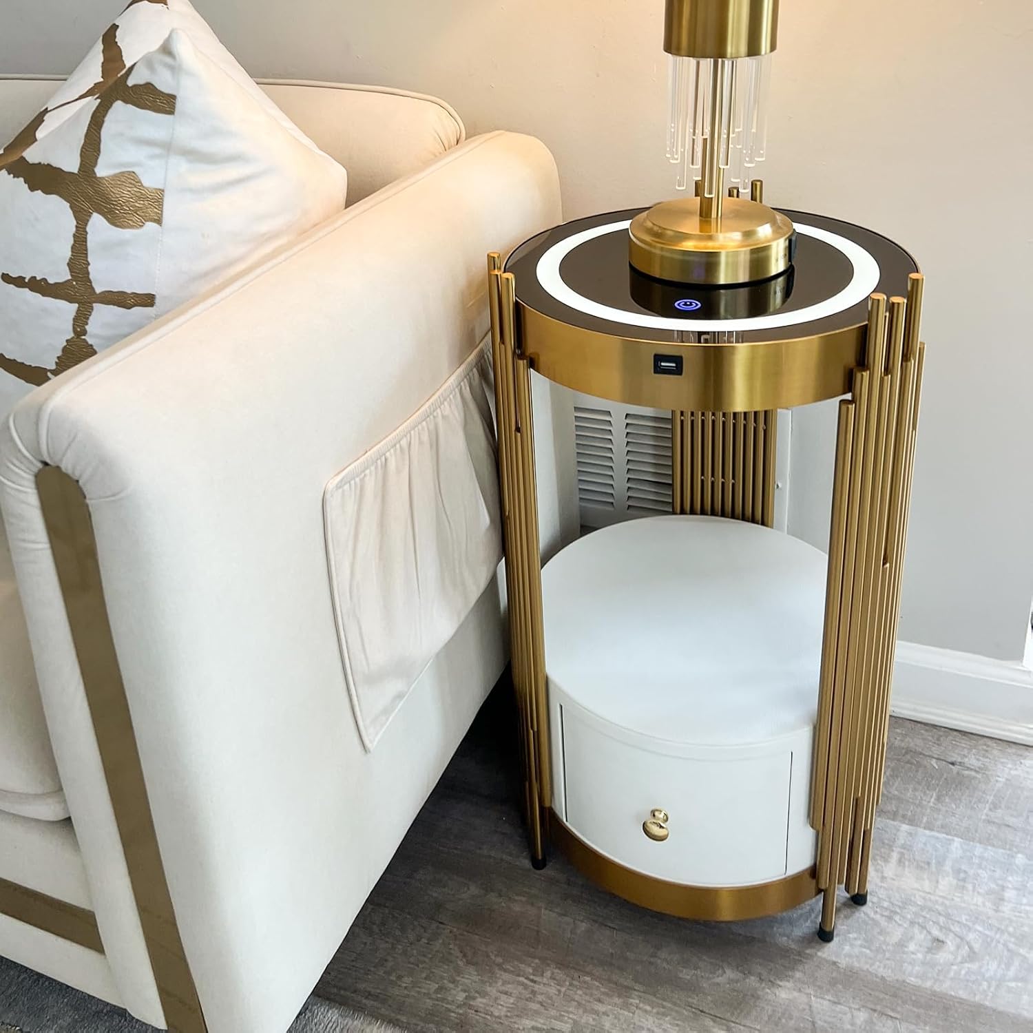 Gold Led Smart Round Nightstand with Drawer,Sofa Narrow End Table with Wireless Charging Station,Small Spaces Coffee Table/Bedside Table/Unique Accent Side Table