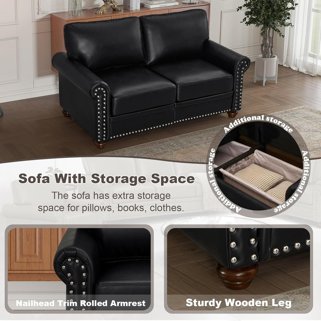 2 Piece Faux Leather Sofa Set,Modern Couch and Loveseat Sets with Storage,Mid Century Couch with Rivet Rolled Arm,Comfy Deep Seat Couch,Furniture for Living Room,Office(Loveseat+3 Seater,Black)