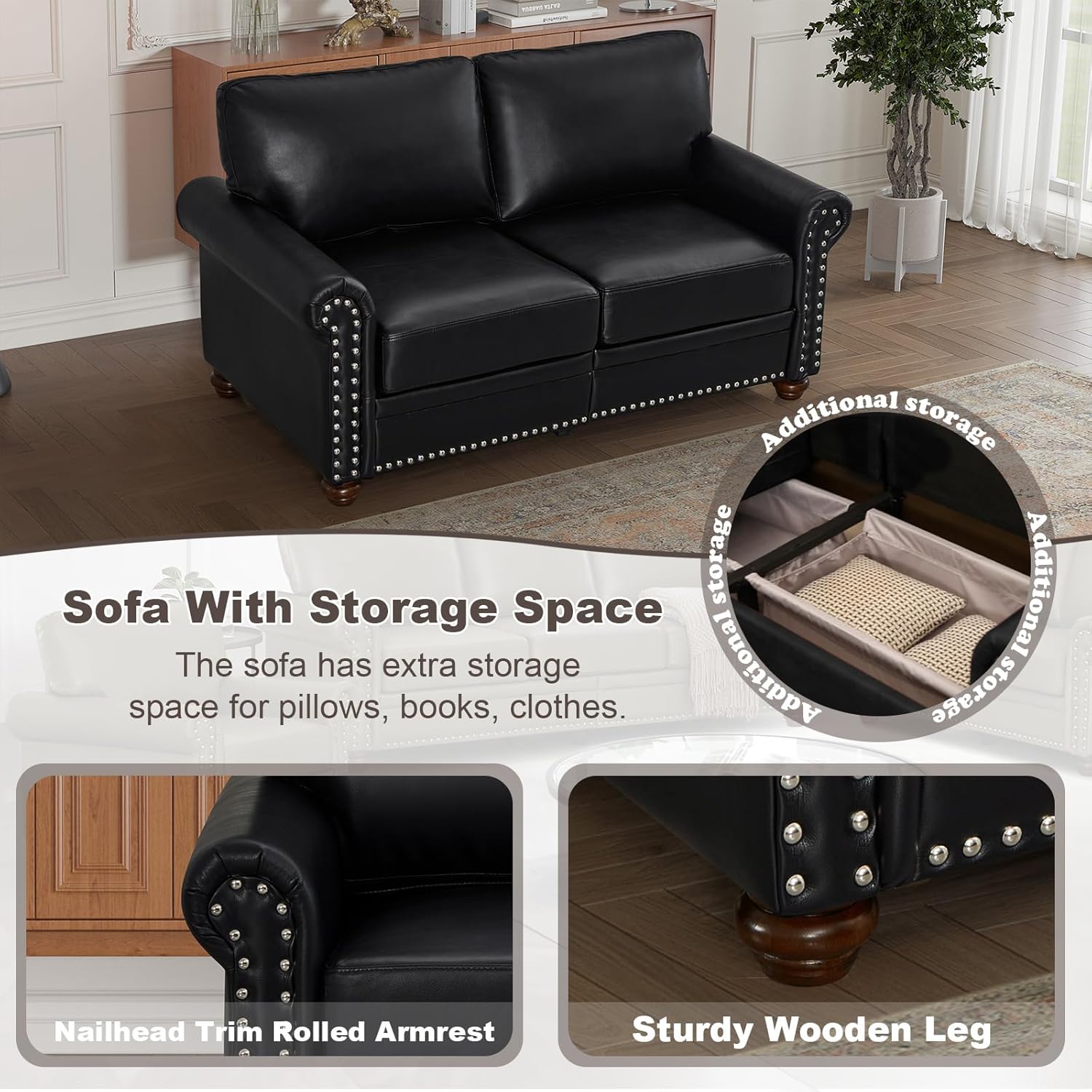 2 Piece Faux Leather Sofa Set,Modern Couch and Loveseat Sets with Storage,Mid Century Couch with Rivet Rolled Arm,Comfy Deep Seat Couch,Furniture for Living Room,Office(Loveseat+3 Seater,Black)