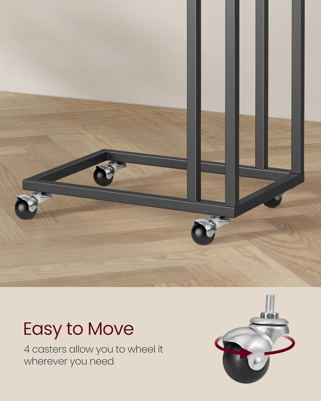 VASAGLE End Table, C Shaped TV Tray with Metal Frame Rolling Casters for Coffee Laptop Mobile Tablet, Industrial Side Table for Living Room Bedroom, 19.7 x 13.8 x 23.6 Inches, Ebony Black, ULNT050B56