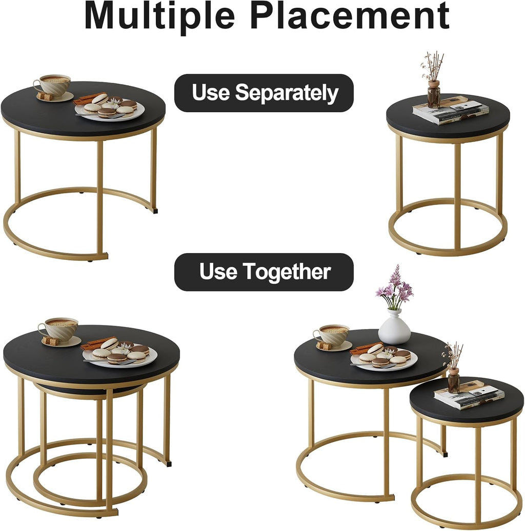 VILAWLENCE Coffee Table Nesting Set of 2 Round End Table Accent Side Stacking Tables Black Wood with Sturdy Metal Frame, Modern Living Room Table Sets Industrial Nightstand