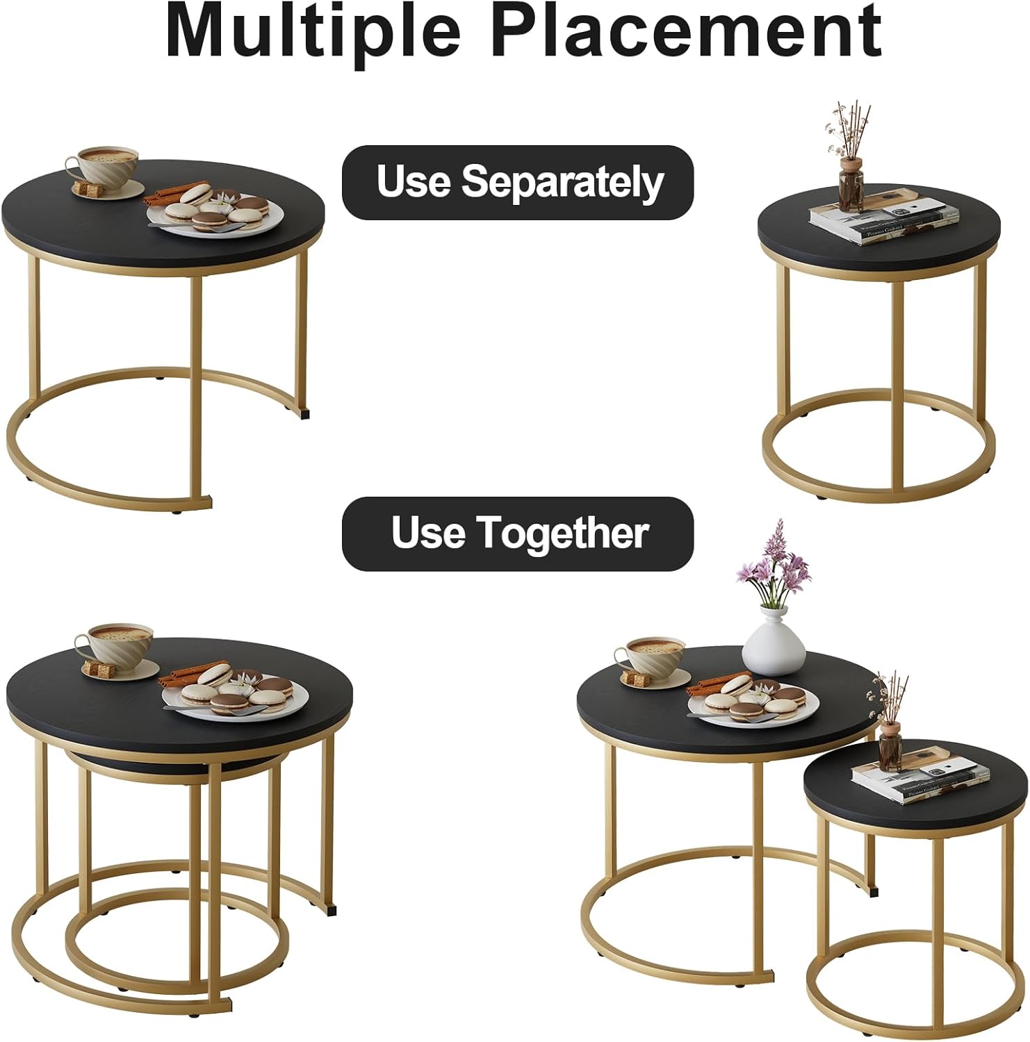VILAWLENCE Coffee Table Nesting Set of 2 Round End Table Accent Side Stacking Tables Black Wood with Sturdy Metal Frame, Modern Living Room Table Sets Industrial Nightstand