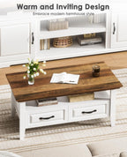 Amada Coffee Table for Living Room, 39.4" Small Coffee Table with Storage, Open Display Shelf and Hidden Drawers, Farmhouse Wood Center Table Ideal for Home Office, White and Oak