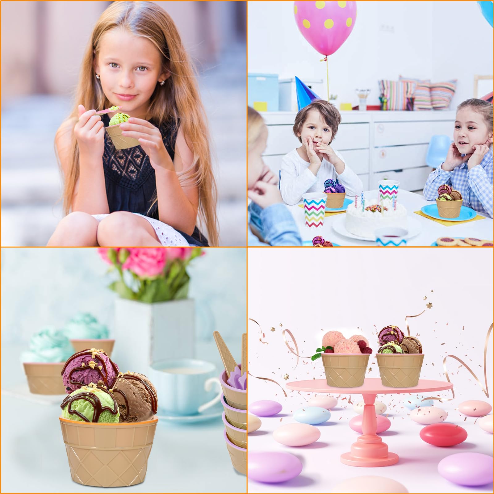 Hbaushun 26 zestaw plastikowych miseczek do lodów z łyżeczkami, wielokrotnego użytku plastikowe kubeczki do lodów, zestaw miseczek do lodów w kolorze cukierkowym z kreskówkami na przyjęcia letnie z mrożonym jogurtem i deserami