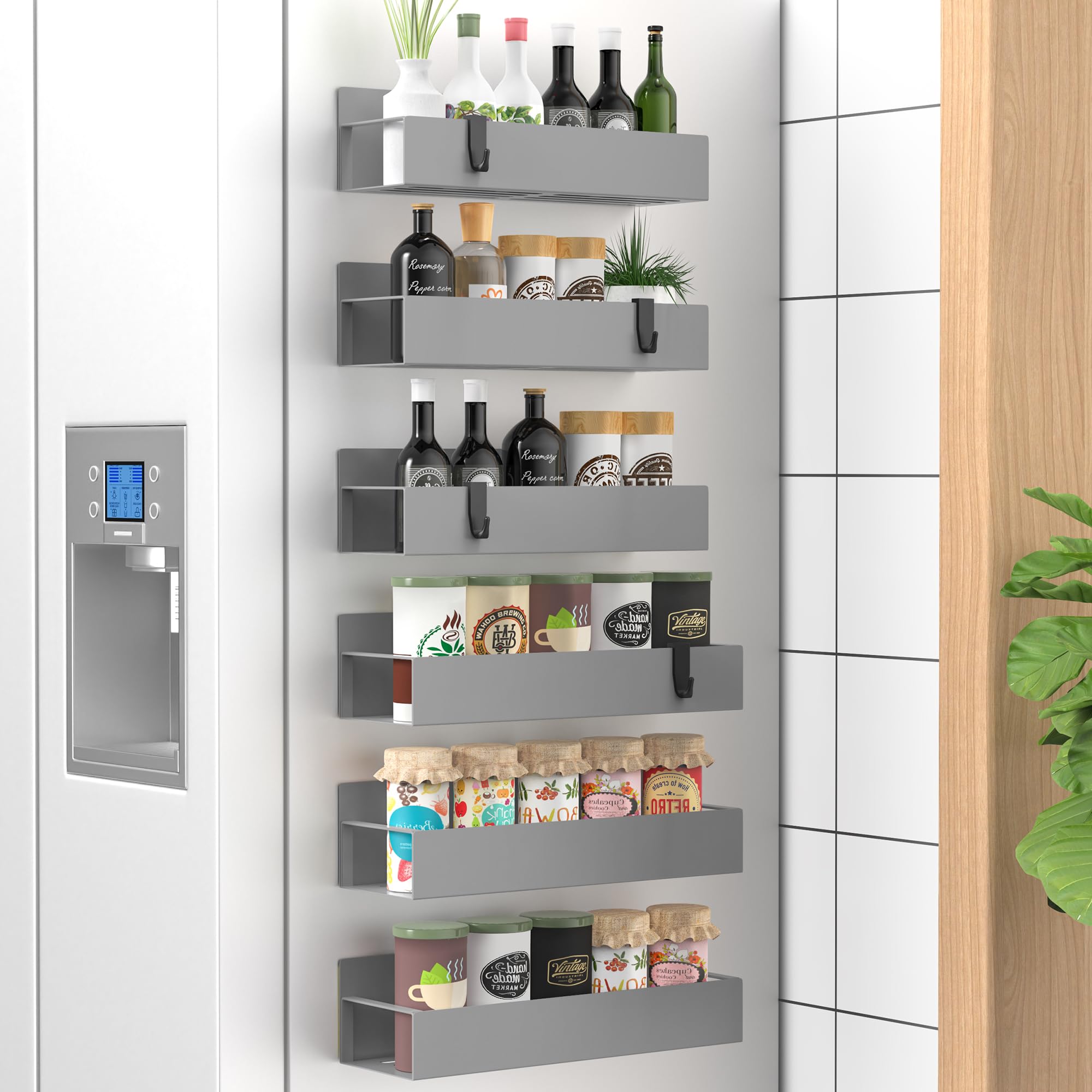 6 Pack Magnetic Spice Storage Rack Organizer for Refrigerator and Oven, Black Fridge Organizers and Storage