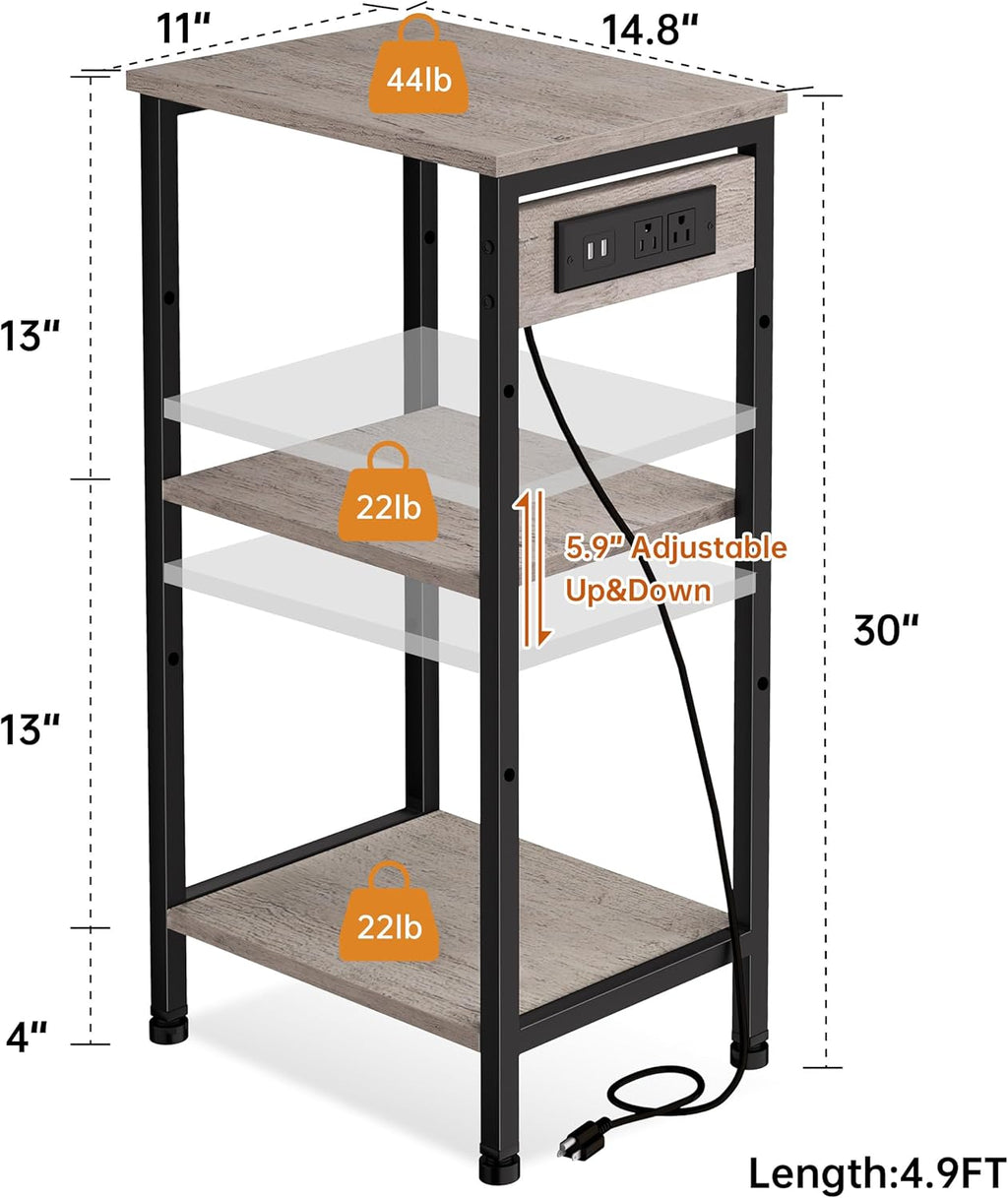 Tall End Table with Charging Station, 3 Tier Narrow Beside Table with Adjustable Shelf, Tall Side Table Nightstand for Bedroom, Living Room Coffe Table, Office, Greige