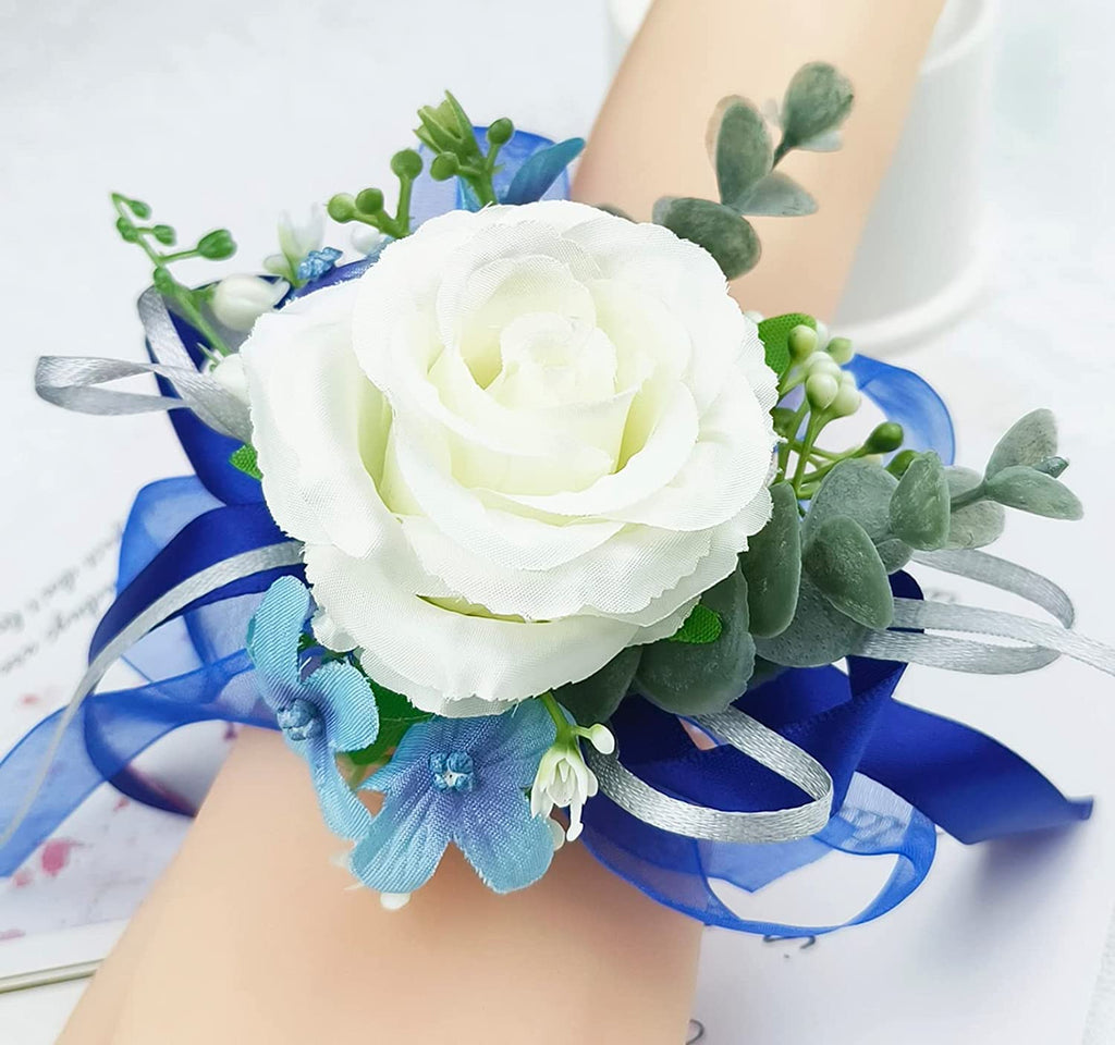 ست گل مچ‌بند و گل سینه MAFELOE با گل‌های رز مصنوعی، لوازم جانبی برای داماد، عروس، ساقدوش‌ها، مهمانی عروسی، مهمانی رقص - آبی سفید، 2 قطعه