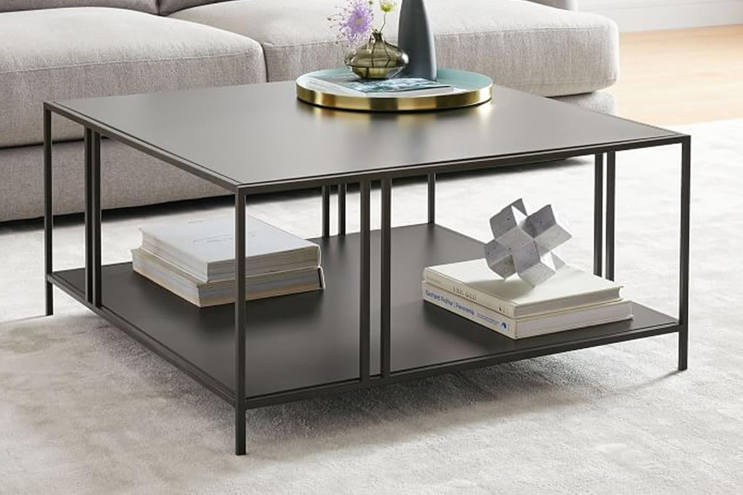 Uranus 2 Tiers Black Coffee Table - A Modern Living Room Furniture Piece for Home Office, Easy Assembly, 31.5” Square Center Table with Black Tabletop and Storage Shelf